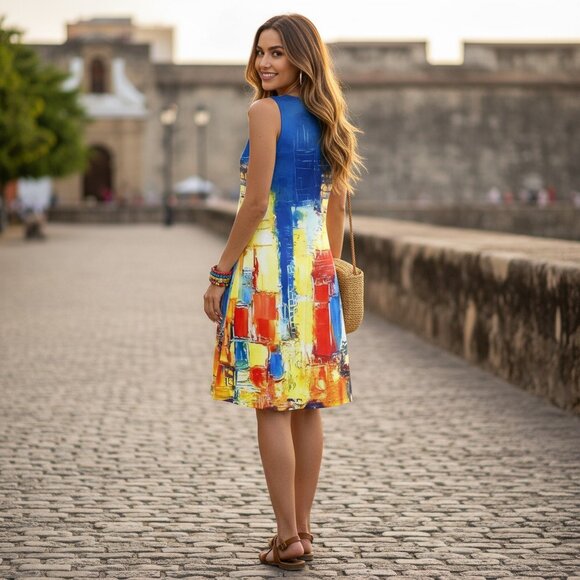 🆕 Luxury Resort Colorful Abstract Print Sleeveless Vacation Dress | Size Large - Picture 4 of 12